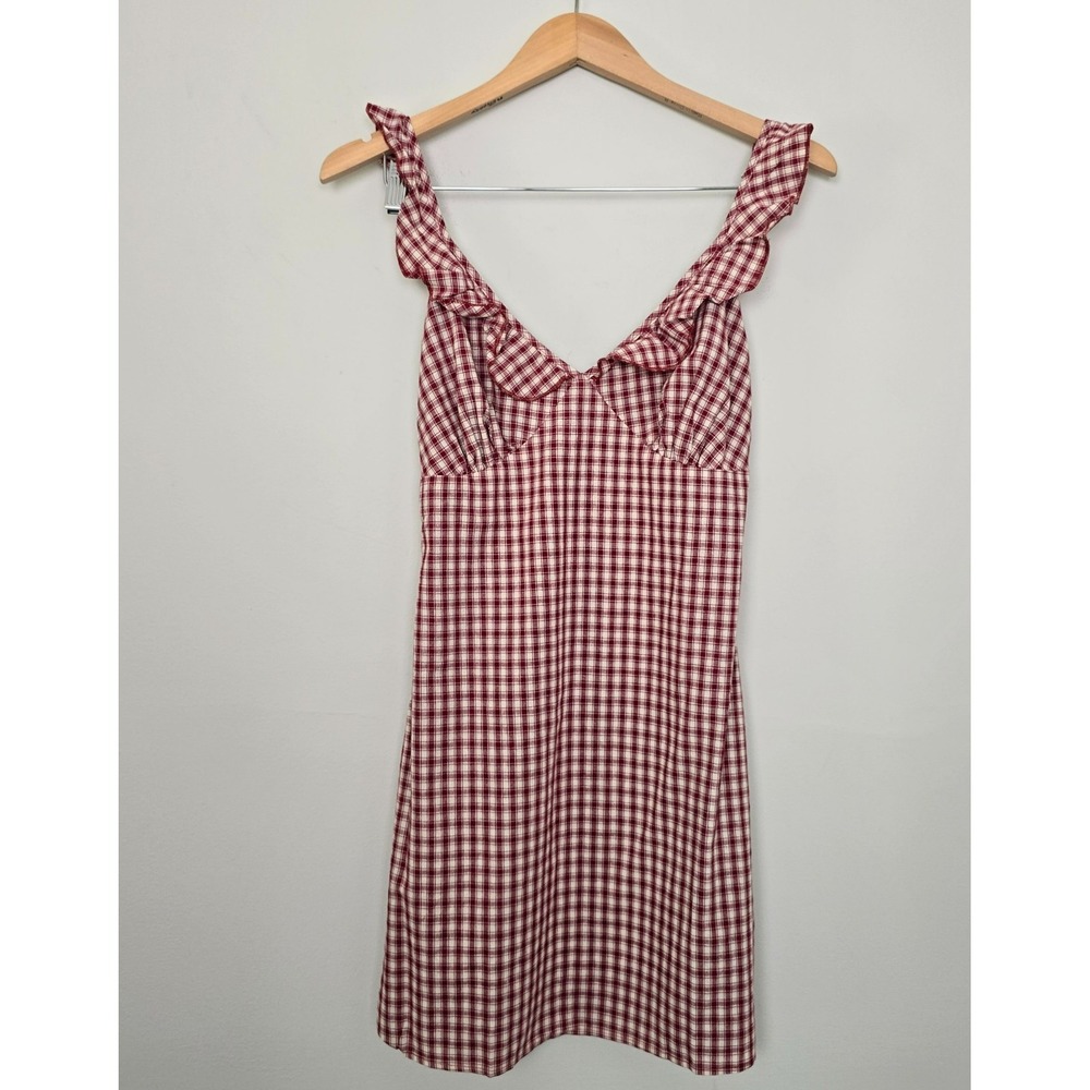 NWT Rihoas Women V Neck Plaid Slip Mini Dress Small Red Coquette Ruffle Summer - Picture 2 of 11